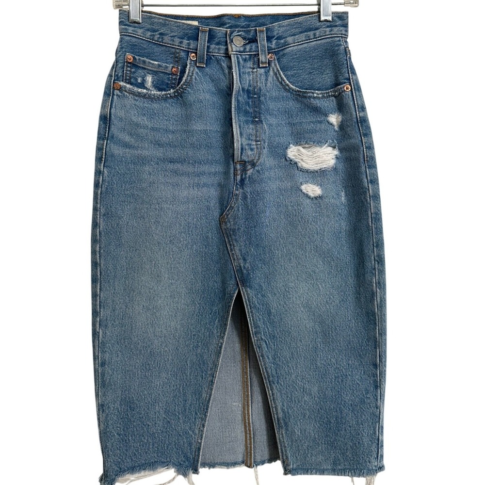 Levi's Premium Deconstructed Distressed Denim Midi Skirt 24